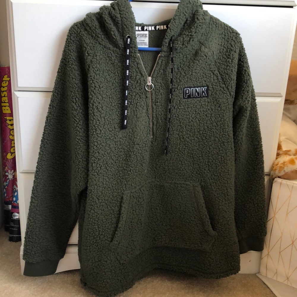 Pink Forest Green, Half Zip Wool Hoodie